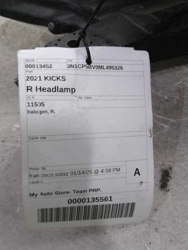 Nissan Kicks 2021 Headlight Assembly OEM Used R Black Halogen OEM OEM